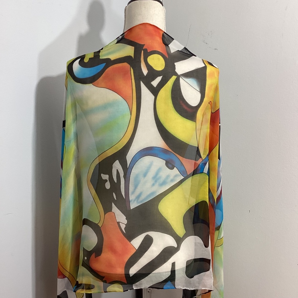 VINTAGE WOMAN ART DECO 100% SILK SCARF CHIFFON WEIGHTLESS WRAP 150"x35" - Picture 5 of 8